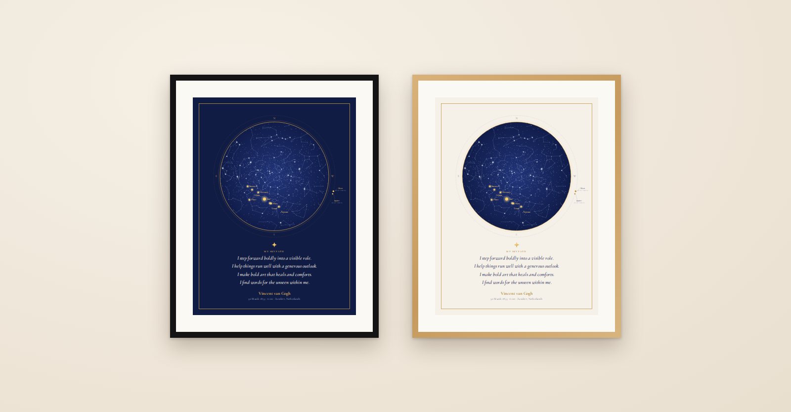 Two framed SkyPath Maps on a wall: Vincent van Gogh's, in Night (black frame) and Light (oak frame)